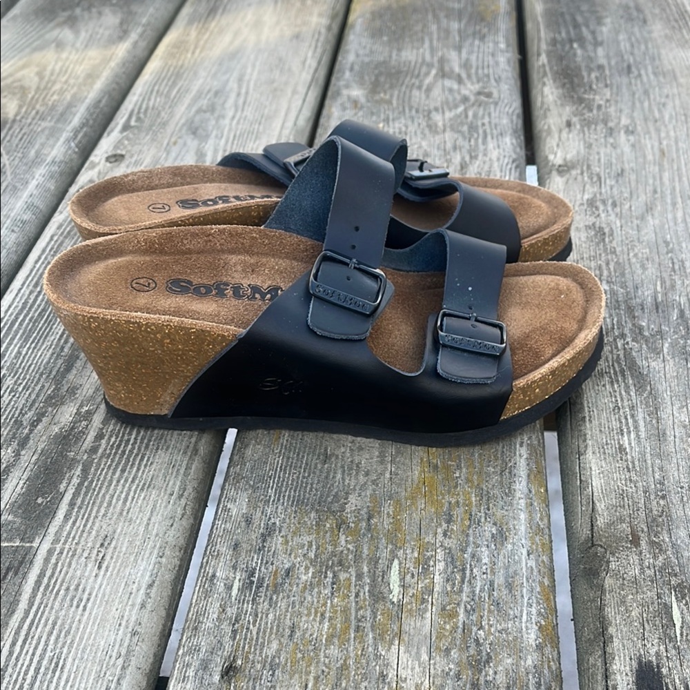 SoftMoc Black Two-Buckle Cork Wedge Mules